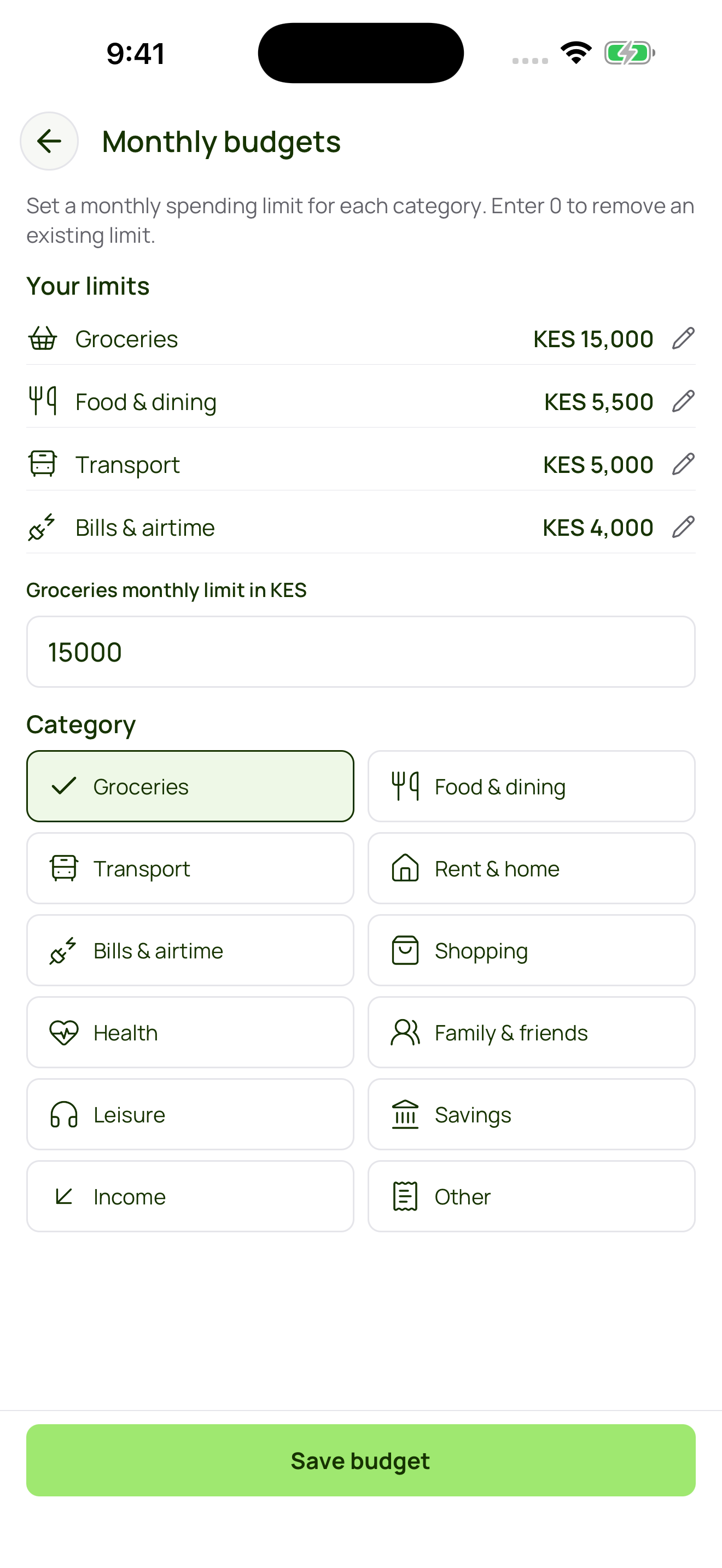 Monthly category budgets in Monee