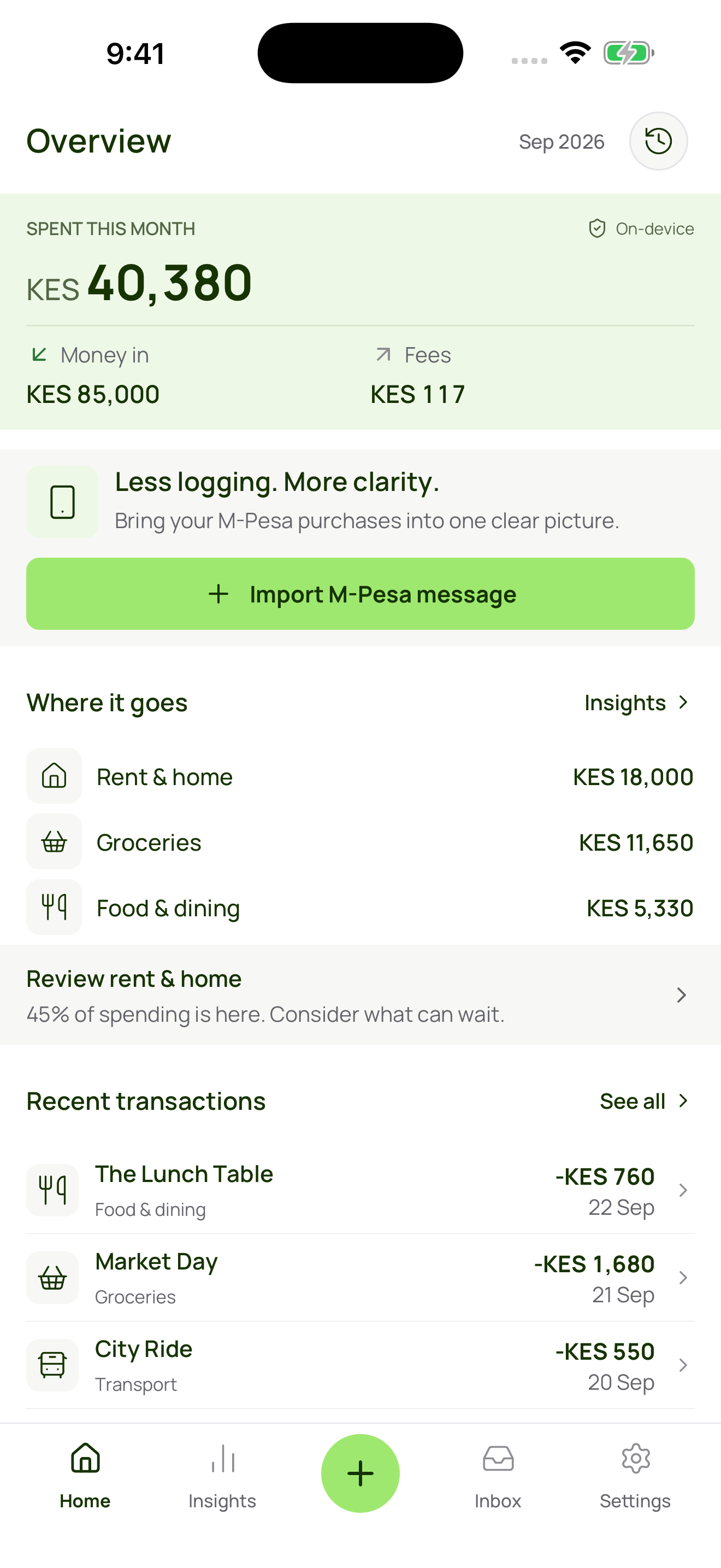 Monee overview with spending, income and recent purchases in KES